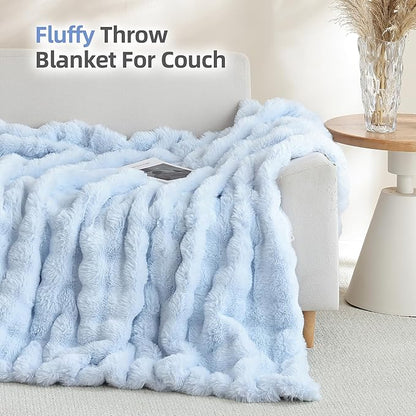 Smoofy Faux Fur Throw Blanket for Couch Rabbit Fleece - Light Blue Fluffy Blanket for Sofa Bedroom Living Room, Cozy Soft Plush Luxury Thick Winter Fuzzy Comfy Bubble Blanket - 60" x 80"