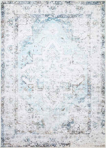 Bloom Rugs Washable Non-Slip 2' x 3' Rug - Beige/Blue Traditional Oriental Area Rug for Living Room, Bedroom, Dining Room, and Kitchen - Exact Size: 2' x 3'