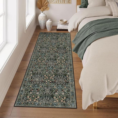 MUJOO Washable Runner Rug,Floral 2x6 Runners for Hallway Kitchen Bedroom Bedside Bathroom Laundry Room,Long Non Slip Throw Carpet Boho Indoor Botanical Vintage Ultra-Thin Black and Green