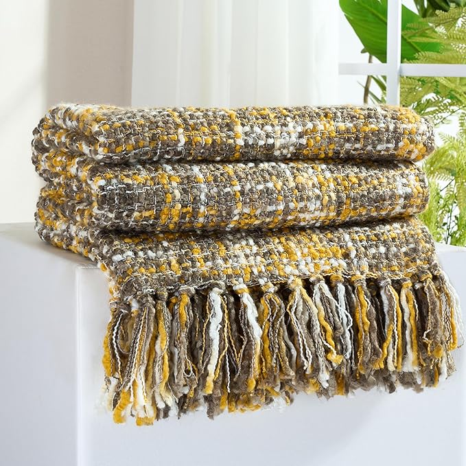 Multi-Color Gold Cable Knitted Throw Blanket for Couch,60"X80" Boho Style Textured Blankets for Home Decor,Super Soft Warm Cozy Chunky Knit Blanket with Decorative Tassels for Bed and Sofa