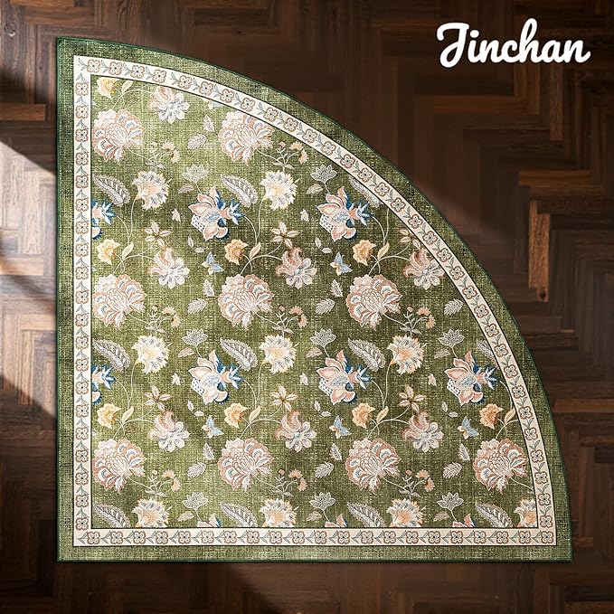 jinchan Elora Floral Corner Rug for Living Room Washable Rug Vintage Romance Christmas Design Non Slip Quarter Circle Lightweight Low-Pile Throw Carpet for Reading Nook Playroom, 6ft Radius, Green