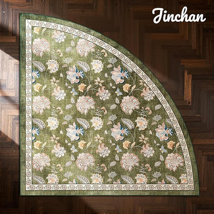 jinchan Elora Floral Corner Rug for Living Room Washable Rug Vintage Romance Christmas Design Non Slip Quarter Circle Lightweight Low-Pile Throw Carpet for Reading Nook Playroom, 6ft Radius, Green