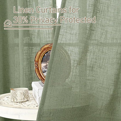 LAMIT Light Filtering Linen Curtains 72 inches Long for Bedroom, Linen Textured Semi Sheer Back Tab and Rod Pocket Boho Drapes for Window/Living Room, Sage Green, 2 Panels, 34 x 72 Inch
