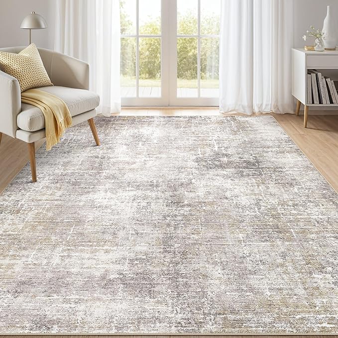 Abstract Living Room Rug 7x9 - Modern Washable Soft Thin Area Rug for Living Room Bedroom Under Dining Table - Neutral Indoor Floor Rug Carpets for Home Office Playroom Nursery - Brown Gold