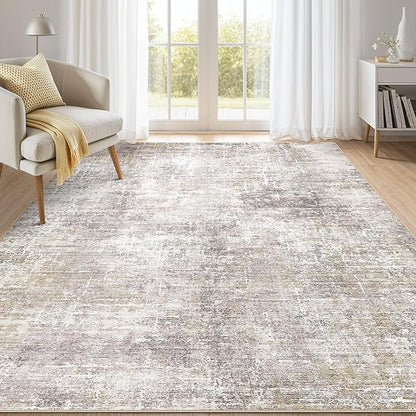 Abstract Living Room Rug 7x9 - Modern Washable Soft Thin Area Rug for Living Room Bedroom Under Dining Table - Neutral Indoor Floor Rug Carpets for Home Office Playroom Nursery - Brown Gold