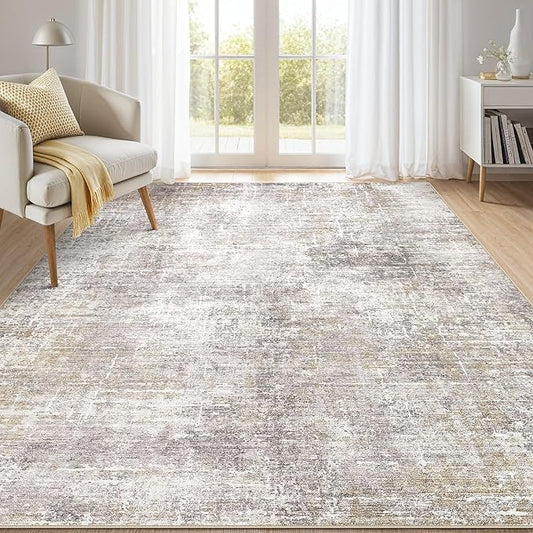 Abstract Living Room Rug 7x9 - Modern Washable Soft Thin Area Rug for Living Room Bedroom Under Dining Table - Neutral Indoor Floor Rug Carpets for Home Office Playroom Nursery - Brown Gold