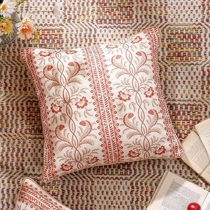 ISAENNE Design Euro Linen Square Throw Pillow Covers 18"x18" Pack of 2, French Country Cushion Covers with Orange Morris Floral Pattern Decoration Pillowcases for Bed, Living Room, Outdoor, Car