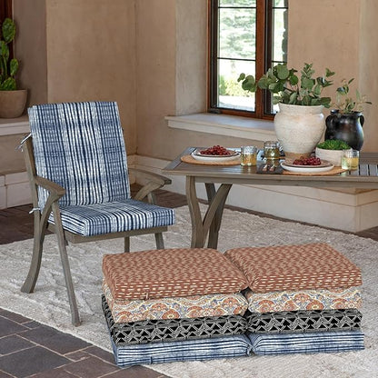 Arden Outdoor Dining Chair Cushion, 20 in x 20 in, Weather-Proof, Rain-Proof, Fade Resistant Patio Cushion for Patio, Dining, or Rocking Chairs 20 x 20, Blue Shibori Stripe