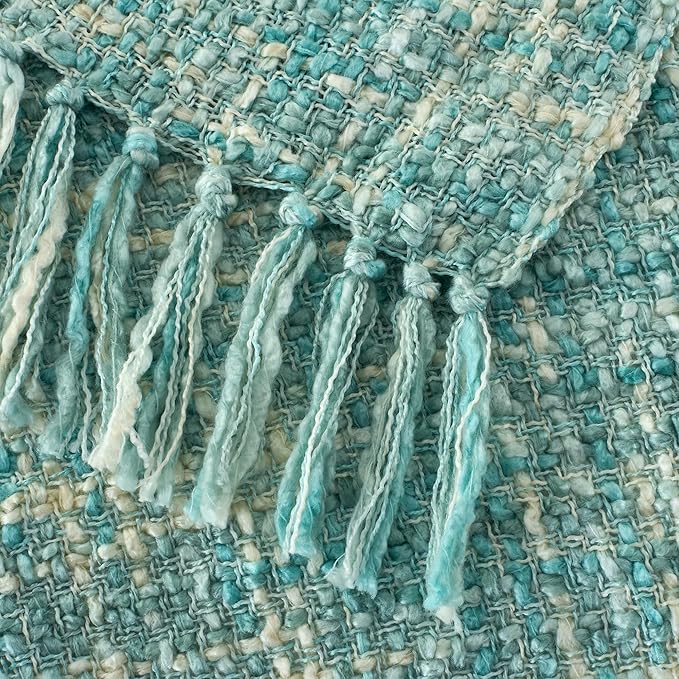 Multi-Color Turquoise Cable Knitted Throw Blanket for Couch,60"X80" Boho Style Textured Blankets for Home Decor,Super Soft Warm Cozy Chunky Knit Blanket with Decorative Tassels for Bed