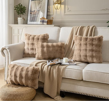 Pack of 2 Thick Plush Throw Pillow Covers Fluffy Wave Faux Fur Decorative Cushion Covers Soft Wool Pillowcase for Sofa Couch Livingroom 20x20 Inch Camel
