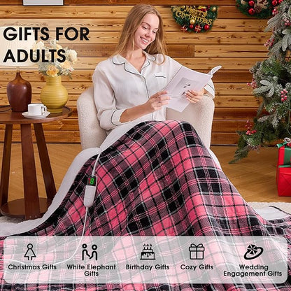 OCTROT Heated Blanket Electric, Twin Size 62X84, Heating Blanket with 10 Heating Levels & 8 Hours Auto Off, Pink Plaid Checkered Plaid Sherpa Blankets Warmer for Adults, Fast Heating Washable