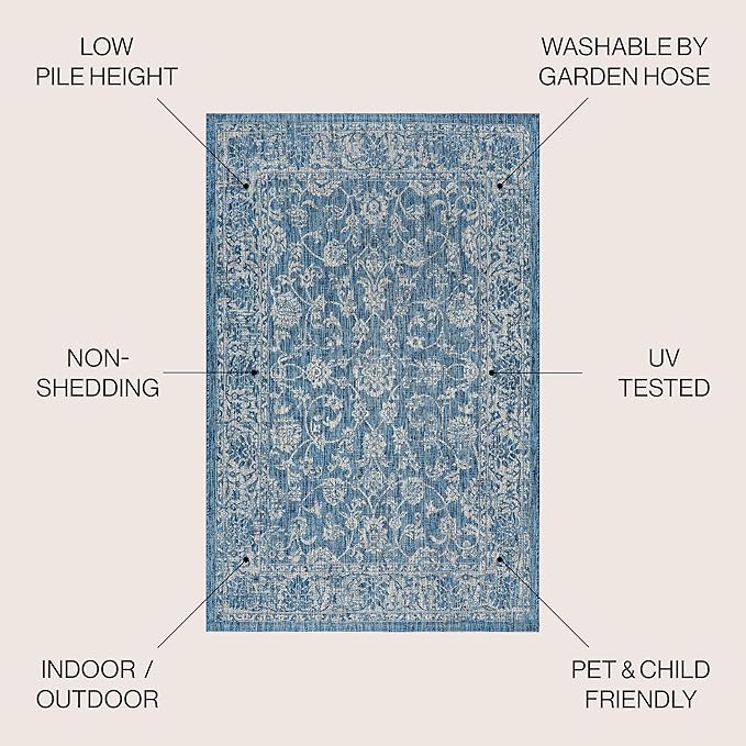 JONATHAN Y Weave Floral Indoor Outdoor Square Area Rug 9X9 Navy/Gray, Tela Bohemian Textured for Backyard, Patio, Porch, Easy-Cleaning, High Traffic, Pet-Friendly, Non-Shedding (SMB100B-9SQ)