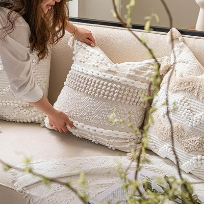 BlissBlush Boho Throw Pillow Cover 22X22, Large Decorative Accent Pillow for Couch, Square Woven Textured Pillowcase, Modern Boho Pillow for Bed, Bohemian Pillow Cover, Cream White (Pack of 1)