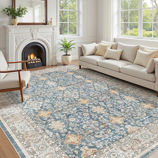 Vintage Living Room Area Rug 7x9 - Large Soft Washable Oriental Traditional Distressed Farmhouse Rugs for Bedroom - Indoor Floor Accent Carpet for Home Office House Decor - Dark Blue