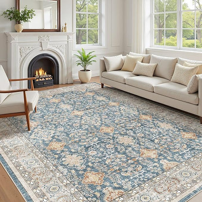 Vintage Living Room Area Rug 8x10 - Large Soft Washable Oriental Traditional Distressed Farmhouse Rugs for Bedroom - Indoor Floor Accent Carpet for Home Office House Decor - Dark Blue