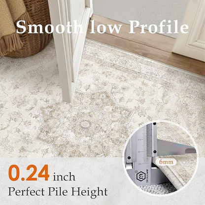 Beige Area Rug 7x10 Washable Living Room Carpet Vintage Non Slip Soft Bedroom Indoor Office Retro Low Pile Thin Oriental Medallion Large Rug for Dining Room Bathroom Playroom