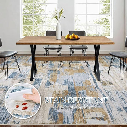 Abstract Living Room Rug 10x12 - Modern Washable Soft Thin Area Rug for Living Room Bedroom Under Dining Table - Neutral Indoor Floor Rug Carpets for Home Office Playroom Nursery - Blue Gold
