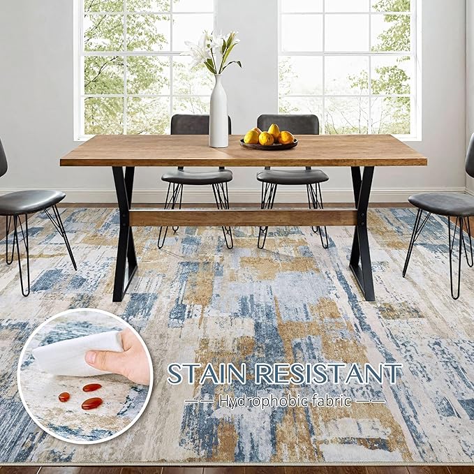 Abstract Living Room Rug 12x15 - Modern Washable Soft Thin Area Rug for Living Room Bedroom Under Dining Table - Neutral Indoor Floor Rug Carpets for Home Office Playroom Nursery - Blue Gold