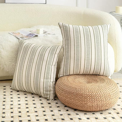 Decorative Boho Throw Pillow Covers, Farmhouse Textured Pillow Case, 20 x 20 Inch Set of 2, Chair Sofa Bedroom Living Room Home Decor Couch Cushion Case, Olive Green and Beige Striped