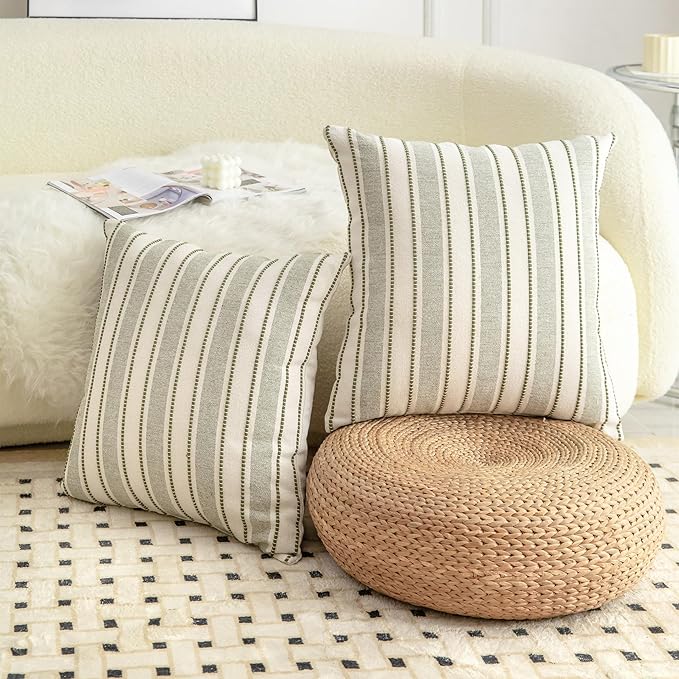 Decorative Boho Throw Pillow Covers, Farmhouse Textured Pillow Case, 18 x 18 Inch Set of 2, Chair Sofa Bedroom Living Room Home Decor Couch Cushion Case, Olive Green and Beige Striped