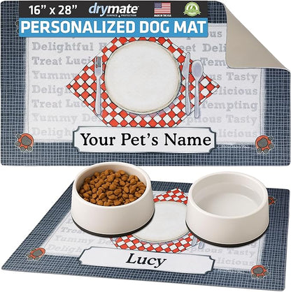 Drymate Personalized Pet Bowl Placemat, Custom Dog & Cat Food Feeding Mat - Absorbent Fabric, Waterproof Backing - Machine Washable/Durable (USA Made) (16" x 28") (Dinner Plate)