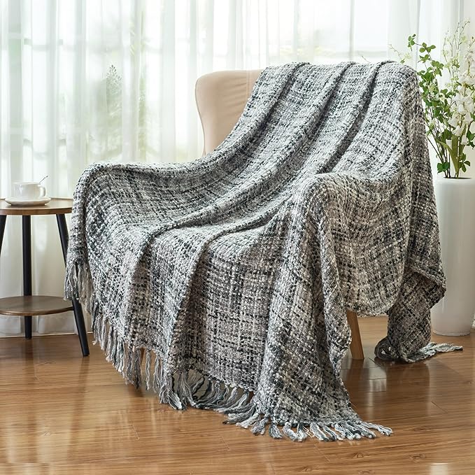 Multi-Color Grey Cable Knitted Throw Blanket for Couch,50"X60" Boho Style Textured Blankets for Home Decor,Super Soft Warm Cozy Chunky Knit Blanket with Decorative Tassels for Bed and Sofa