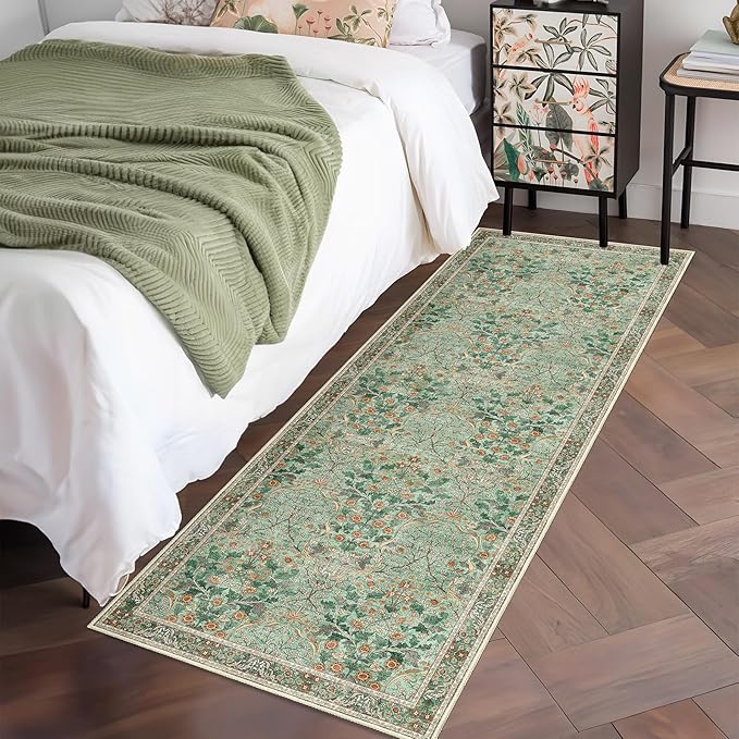 MUJOO Washable Runner Rug Green,Floral 2x6 Runners for Hallway Kitchen Bedroom Bedside Bathroom Laundry Room,Long Non Slip Throw Carpet Boho Indoor Botanical Vintage Ultra-Thin
