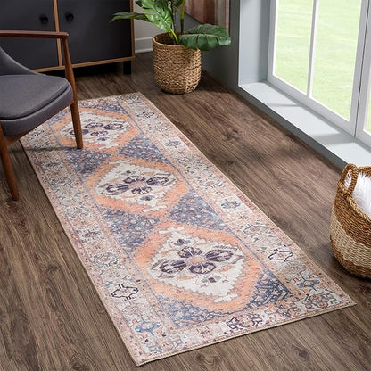 Bloom Rugs Washable 12 ft Runner - Orange / Blue / Beige Traditional Persian Runner for Entryway, Hallway, Bathroom, and Kitchen - Exact Size: 2'5" x 12"