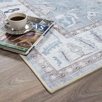 Fame Rugs Gray Modern Oushak Rug 2'6"x7', Washable Vintage Turkish Colorful Oriental Antique Inspired Foldable Small Runner Rugs, Luxury Living Room Bedroom (Gbeige, 2'6" x 7')