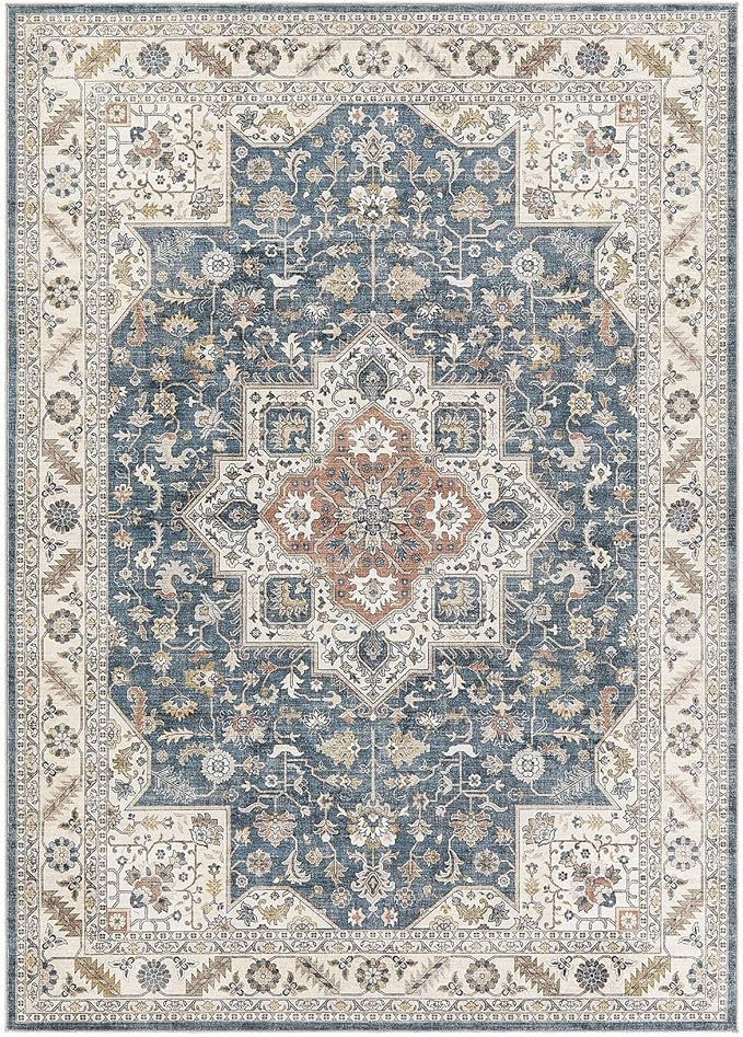 Vintage Living Room Area Rug 10x12 - Large Soft Washable Oriental Traditional Distressed Farmhouse Rugs for Bedroom - Indoor Floor Accent Carpet for Home Office House Decor - Vintage Blue