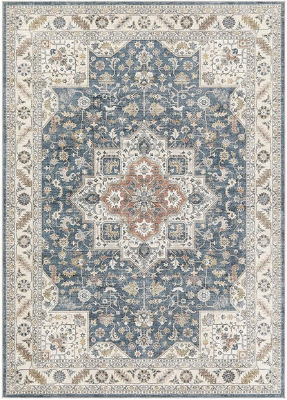 Vintage Living Room Area Rug 6x9 - Large Soft Washable Oriental Traditional Distressed Farmhouse Rugs for Bedroom - Indoor Floor Accent Carpet for Home Office House Decor - Vintage Blue
