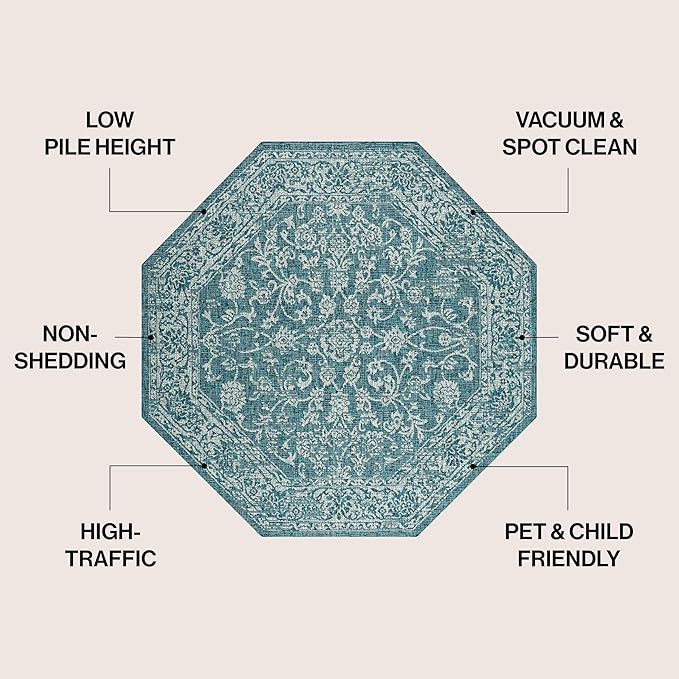JONATHAN Y Weave Floral Indoor Outdoor Octagon Area Rug 5 Ft Teal/Gray, Tela Bohemian Textured for Backyard, Patio, Porch, Easy-Cleaning, High Traffic, Pet-Friendly, Non-Shedding (SMB100C-5TGN)