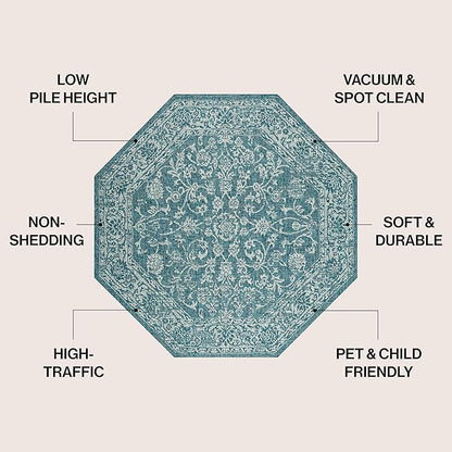 JONATHAN Y Weave Floral Indoor Outdoor Octagon Area Rug 5 Ft Teal/Gray, Tela Bohemian Textured for Backyard, Patio, Porch, Easy-Cleaning, High Traffic, Pet-Friendly, Non-Shedding (SMB100C-5TGN)