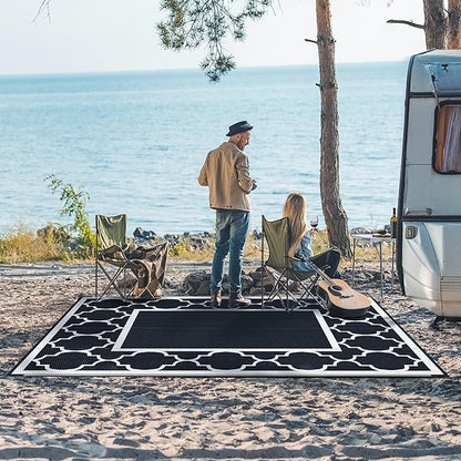 GENIMO 6' x 9' Outdoor Rug Waterproof for Patio Decor, Foldable Reversible Plastic Straw Area Rugs Mat for Camper, Morden Carpet for Outside, Rv, Deck, Porch, Picnic, Beach, Balcony, Black & White
