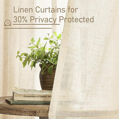 LAMIT Beige Linen Cafe Curtains 24 Inch Length, Semi Sheer Light Filtering Window Panels Back Tab and Rod Pocket Drapes for Kitchen/Small Windows, 25 x 24 Inch, 2 Panels