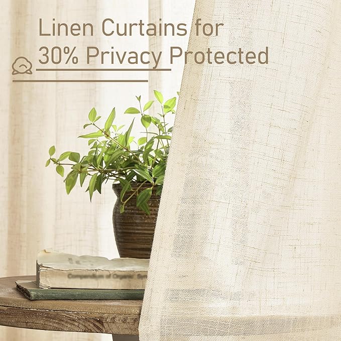 LAMIT Beige Linen Curtains for Doorway Living Room 2 Panels Set, 80 Inch Faux Linen Textured Light Filtering Drapes Back Tab and Rod Pocket Boho Panels for Bedroom/Porch, 52 x 80 Inch