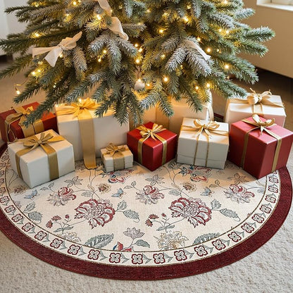 jinchan Elora 4ft Floral Round Rug for Entryway Washable Rug Vintage Romance Christmas Design Non Slip Indoor Doormat Lightweight Low-Profile Throw Carpet for Living Room Dining Room, Red/Beige