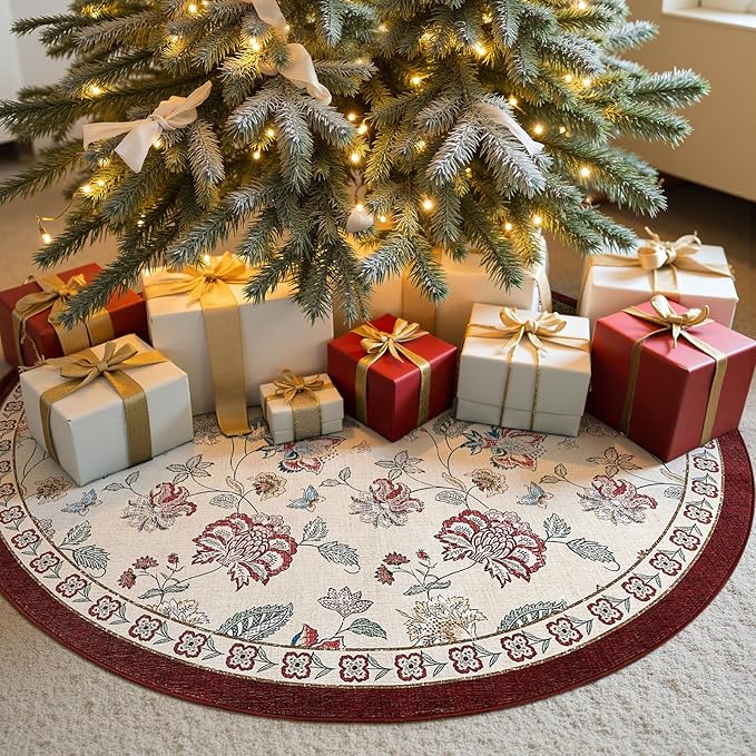 jinchan Elora 5ft Floral Round Rug for Entryway Washable Rug Vintage Romance Christmas Design Non Slip Indoor Doormat Lightweight Low-Profile Throw Carpet for Living Room Dining Room, Red/Beige