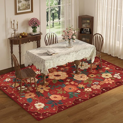 DUKINO 8x10 Area Rug, Floral Rugs for Living Room, Lightweight Non Slip Washable Rug, Indoor Low Pile & Non-Shedding Boho Design Rugs for Bedroom, Living Room, Dining Room, Red