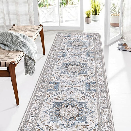 OPPODREAM Thin Entryway Rug 2x8, 2x8 Rug Runner, Neutral Washable Hallways Carpet 2 x 8 with Non Slip Backing, Low-Pile Bedside Carpet 2 x 8, Long, Faux Cashmere, Cream White & Blue & Light Brown