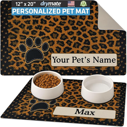 Drymate Personalized Pet Bowl Placemat, Custom Dog & Cat Food Feeding Mat - Absorbent Fabric, Waterproof Backing - Machine Washable/Durable (USA Made) (12" x 20") (Leopard Tan)
