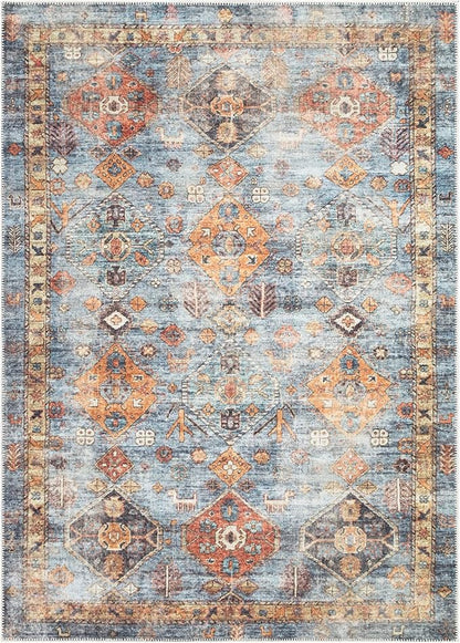 Bloom Rugs Washable Non-Slip 2' x 3' Rug - Blue/Orange Traditional Bordered Area Rug for Living Room, Bedroom, Dining Room, and Kitchen - Exact Size: 2' x 3'