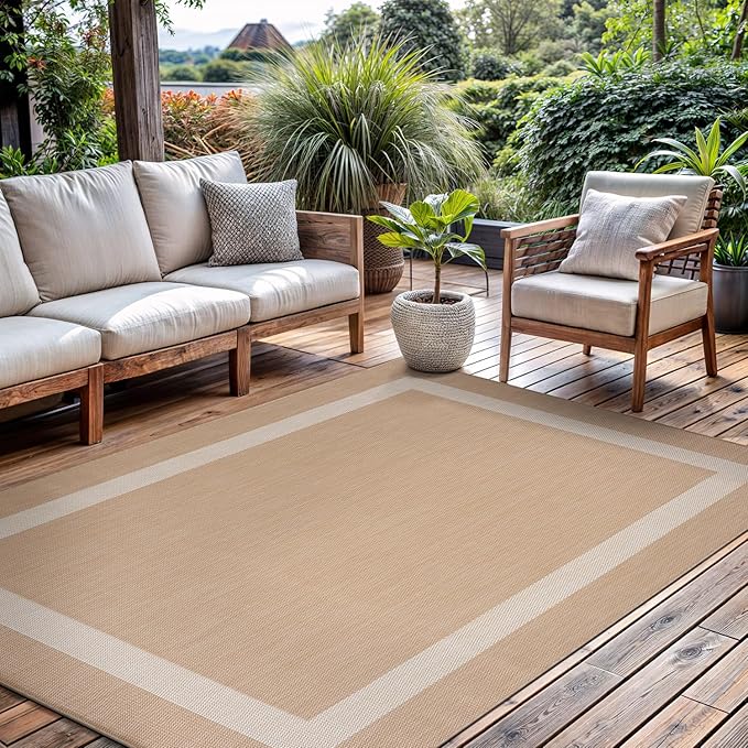 CAMILSON Outdoor Rug 6x9, Modern Outside Rugs for Patios Porches Waterproof Durable Washable Non-Shedding, Easy-to-Clean Indoor Outdoor Area Carpet (6 x 9, Bordered - Beige/White)