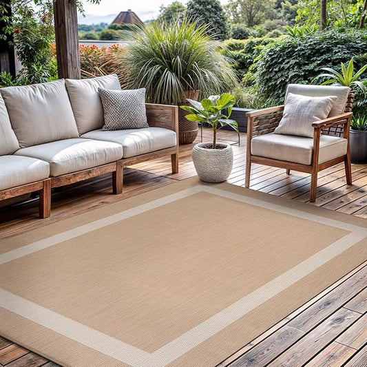 CAMILSON Outdoor Rug 6x9, Modern Outside Rugs for Patios Porches Waterproof Durable Washable Non-Shedding, Easy-to-Clean Indoor Outdoor Area Carpet (6 x 9, Bordered - Beige/White)