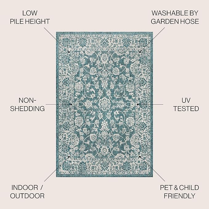 JONATHAN Y Weave Floral Indoor Outdoor Round Area Rug 8 Ft Teal/Gray, Tela Bohemian Textured for Backyard, Patio, Porch, Easy-Cleaning, High Traffic, Pet-Friendly, Non-Shedding (SMB100C-8R)