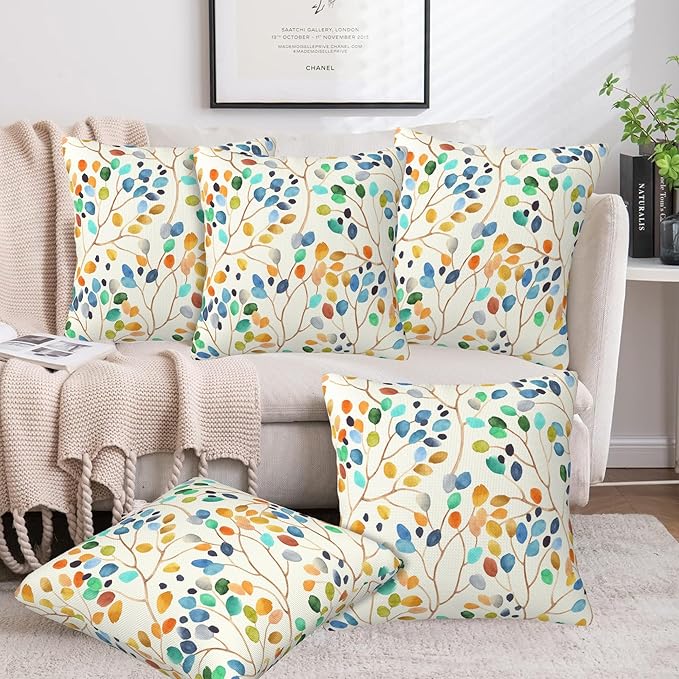 Throw Pillow Covers Colorful Leaves Spots Pillow Covers 20x20 Inch Set of 2 Boho Floral Throw Pillows Decorative Pillow Cases Cushion Covers for Bedroom Livingroom Sofa Farm House
