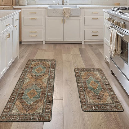GENIMO Kitchen Mats for Floor 2PCs, Washable Anti Fatigue Mat for Cushioned, 17.3"x47"+17.3"x30", Waterproof Kitchen Rugs, Non Slip Comfort Standing Mat Rug for Home, Sink, Laundry, Brick