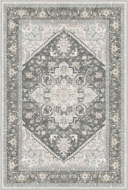 OPPODREAM Thin Area Rugs 5x7, 5x7 Washable Rug with Non Slip Backing, 5 x 7 Faux Cashmere Low-Pile Carpet, Greenish Grey