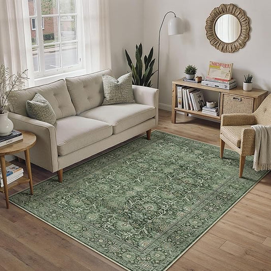 Green Area Rug 3x5 Washable Office Entryway Carpet Soft Vintage Indoor Kitchen Living Room Door Mat Traditional Retro Distressed Thicker Throw Small Rug Bedroom Dining Room Bathroom
