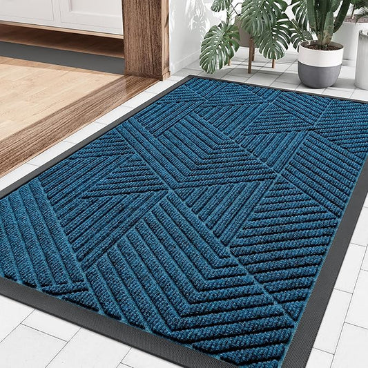 Smiry Front Door Mat Outside Entrance, Heavy Duty Sturdy Natural Rubber Doormat, Trap Dirt and Moisture, Easy Clean Low Profile Mats for Indoor Outdoor Entry, Irregular Triangle (29.5x17, Mixed Blue)